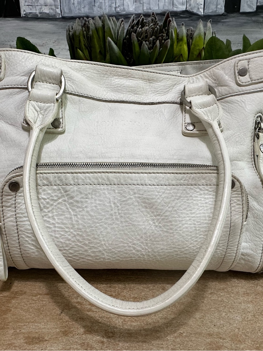Longchamp White Leather Satchel Shoulder Bag Silver Hardware